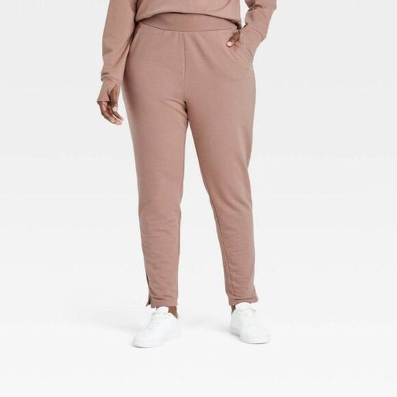 All in Motion Women's High-Rise French Terry Butter Wash Tapered Pants Taupe - Picture 2 of 7